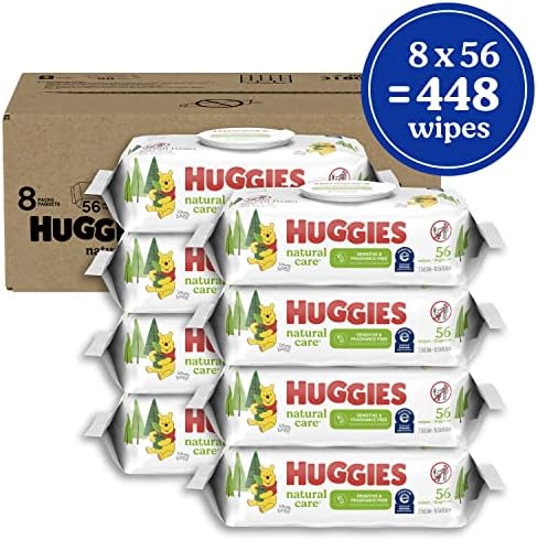 Бебешки кърпички, Huggies Natural Care Sensitive Бебешки Кърпички за памперси, Без мирис, не е алергичен, 8 опаковки с панти капак, 56 броя (опаковка от 8 броя)