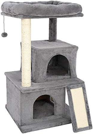 Мулти-кула за котки Sulive 34 Inches Cat Tree с 2 етажната собственост, Когтеточками и Пандусом, Меки Плюшени Къщи за котки в затворени помещения, Произведени Boards Gray