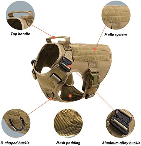FEimaX Тактическа Шлейка за кучета, Военна Работа Шлейка с дръжка, 2 Метални Катарами, Регулируем Заден Жилетка без Обков с Инкрустации Molle и Вериги за кучета със Средни Размери, за Тренировки, за Разходки, Лов