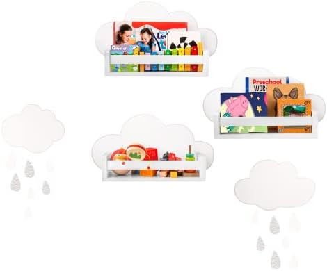 Плаващите рафтове за детска стая Hula Home със стикер на Облака | Дълга 16 Стенни рафт за Детска спалня, Детска зона, Детска стая, класната стая, Училищния декор|, Определени невидими скоби от 3 (Бял)