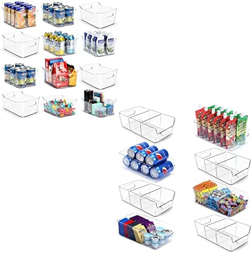 [12 опаковки] Прозрачни контейнери за организация + Комплект от 8 Штабелируемых прозрачни контейнери с подвижни прегради - Организация и съхранение на закуски в килера - Универсален пластмасов органайзер за дома