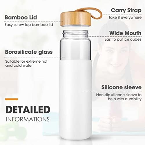 Бутилка за вода от borosilicate стъкло Yomious 20 грама с бамбук с капак и силиконов ръкав – Множество, не съдържа BPA - Стъклена бутилка за пиене с капаци - Комплект от 2