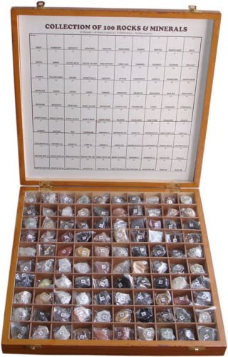 Комплект за събиране на 100 редки камъни и минерали в Дървена кутия