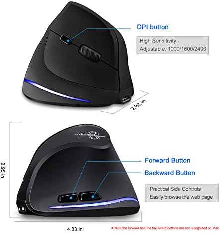 Ергономична мишка TRELC, Безжична Вертикална Оптична мишка с 2.4 G с регулируема чувствителност (1000/1600/2400 точки на инч), 6 Бутона за КОМПЮТЪР, настолен компютър, лаптоп, Преносим компютър (Черен)