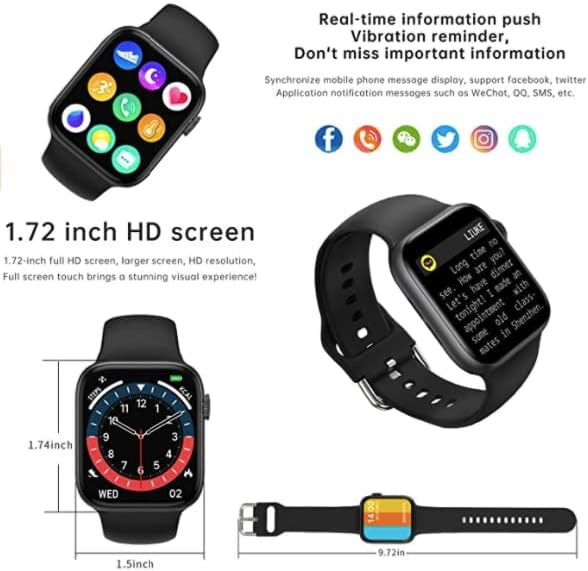 Най-смарт часовници 2022 г., Черен фитнес следи с пълен сензорен екран 1,72 инча HD, с функция за проследяване на обаждания / текст / сърдечната Честота/ на Кръвното налягане / стъпки на съня, Фитнес часовници за Android