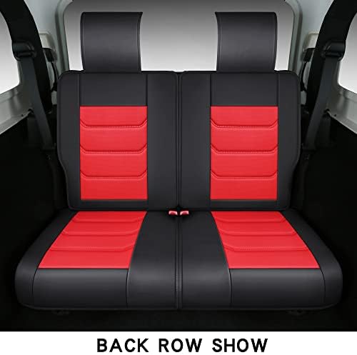 Isen-CoverAuto Калъфи за автомобилни седалки с пълно покритие, произведени по поръчка за 07-22 Jeep Wrangler JK/JL 2/4 врати Unlimited Sahara Sport Snuggly Gladiator от водоустойчива изкуствена кожа (черно и червено,