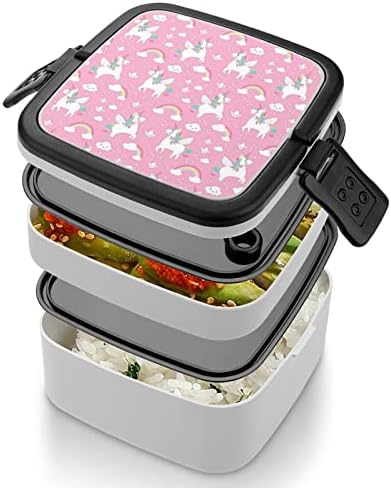 Rainbow Unicorn Bento Box Двуслойни Универсален Контейнер за Обяд с Лъжица за Пикник, Работа и Пътуване