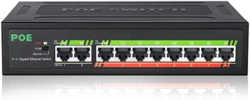 Комутатор TEROW PoE, мрежа Gigabit Ethernet с 10 порта (8 порта PoE + 2 допълнителни порта на възходящата връзка), който е съвместим с 802.3 af / at | Plug и play | Защитени пристанища | Оптимизация на трафика | тиха