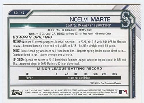 Бейзболна картичка начинаещ Сиатъл Маринърс МЕЙДЖЪР лийг бейзбол Боумена проект на мотика 2021 под номеромBD-147 Ноэлви Март