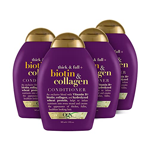 OGX Гъст и плътен климатик за придаване на обем с биотин и колаген за тънка коса с витамин В7 и хидролизиран протеин от пшеница, без парабени и сулфати, повърхностно-активни вещества, 13 грама (опаковка от 4 броя)