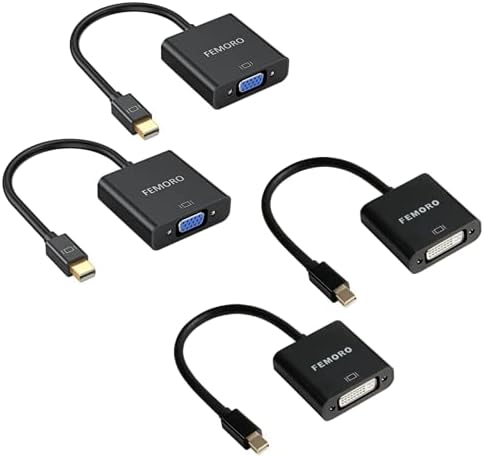 Адаптер FEMORO Mini DisplayPort за VGA от 2 опаковки с адаптер Mini DisplayPort за DVI от 2 опаковки за мъже и жени (съвместим с порта Thunderbolt и Thunderbolt 2) за MacBook Air, Mac Pro, Lenovo и др