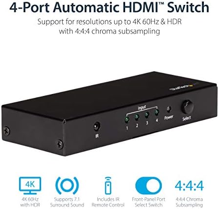 StarTech.com Комутатор HDMI 2.0 - 4 порта - 4K 60Hz - Кутия с автоматично превключване на HDMI видео - Многопортовый хъб с функция 1 вход и 4 изхода (VS421HD20)