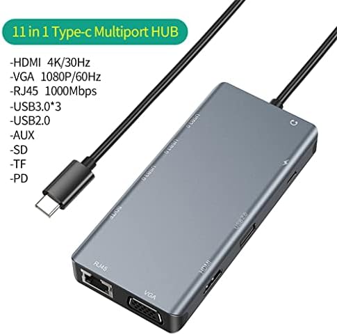 LXXSH Хъб тип C C USB Хъб 8 в 1 4K PD 60 W SD/TF Адаптер RJ-45 C USB Сплитер Ethernet докинг станция (Цвят: сив, размер: черен)