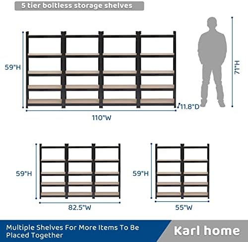 Гаражно багажник Karl home Тежкотоварни, 5-Различен Метален Багажник с регулируем размер, Универсален Багажник за организиране на Гараж, склад в сутерена, 1900 паунда, 27,6 Д x 11,8 W x 59,1В черно