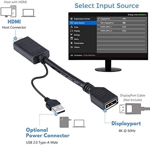 Адаптер, HDMI, DisplayPort, Конвертор 4K, HDMI ДП, Жак за да свържете КОМПЮТЪРА към монитора, Почивен ключ HDMI към DP със звук, Активен източник на HDMI 2.0 стартира Display Port 1.3 Out