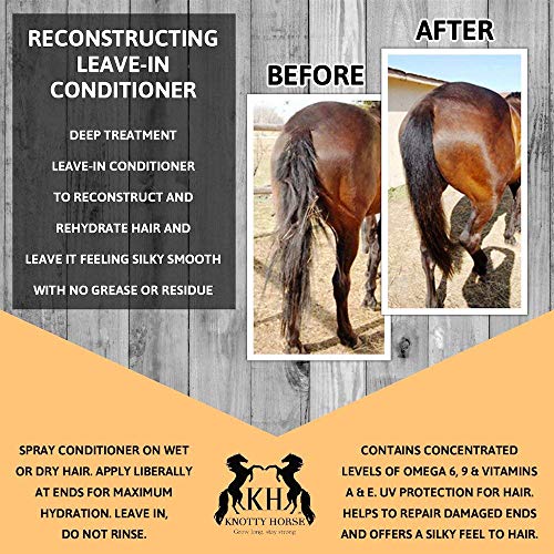 Незаличими климатик с кайсия масло Knotty Horse RECON, разработен за възстановяване, укрепване и намаляване на грива и опашката на коня за здравословен растеж на косата, във флакон-распылителе обем 23 унции (680 мл)